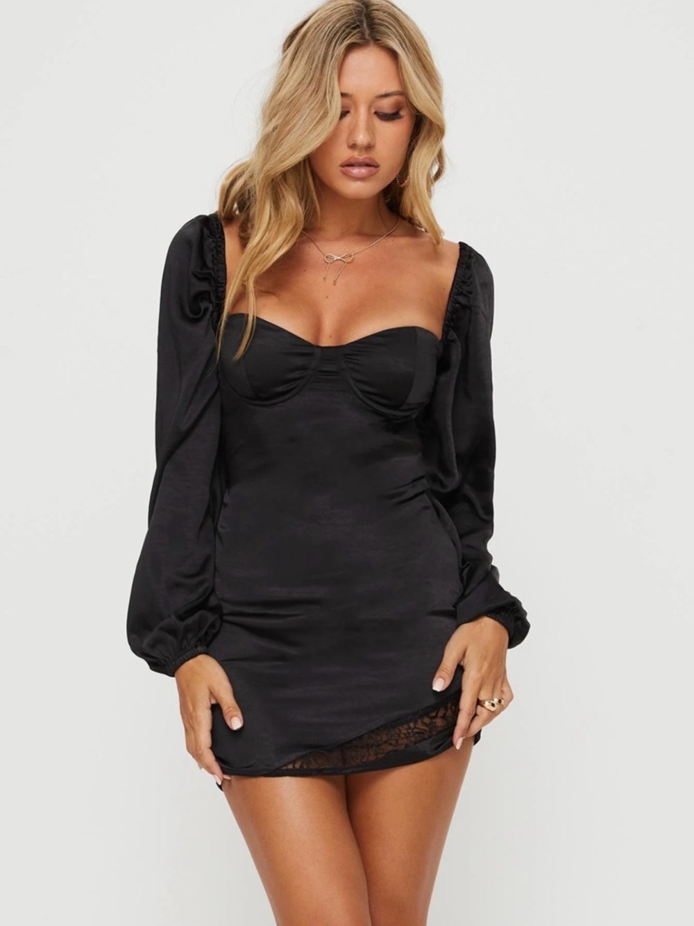 Princess Polly Black Satin Mini Dress with Long Puff Sleeves - Picture 2 of 7